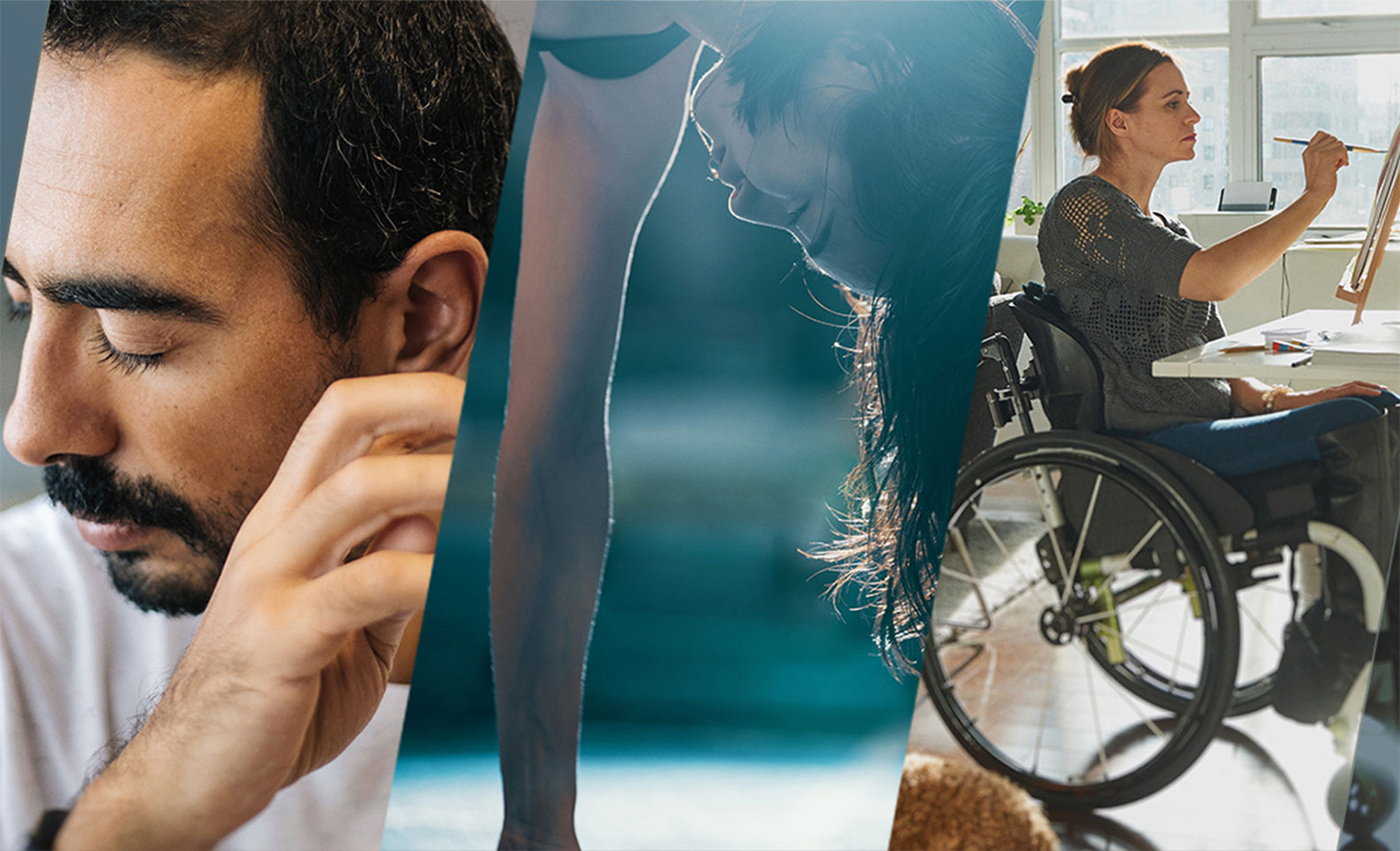 Tre sammenhængende billeder, der viser en person med lukkede øjne, en person, der står på hænder, og en person i et kørestol, der maler på et lærred.