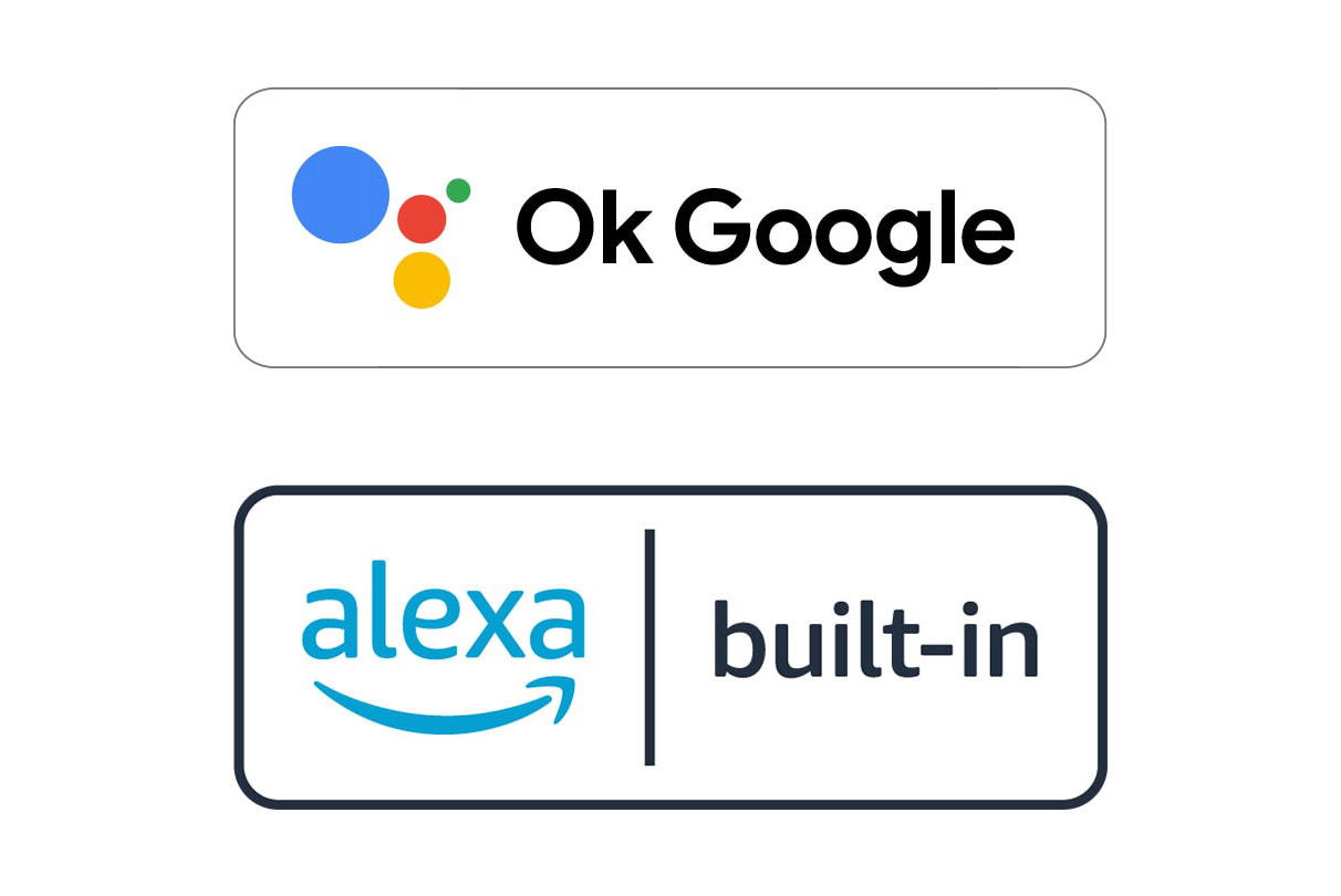 Billede af et Ok Google-logo og et alexa indbygget-logo
