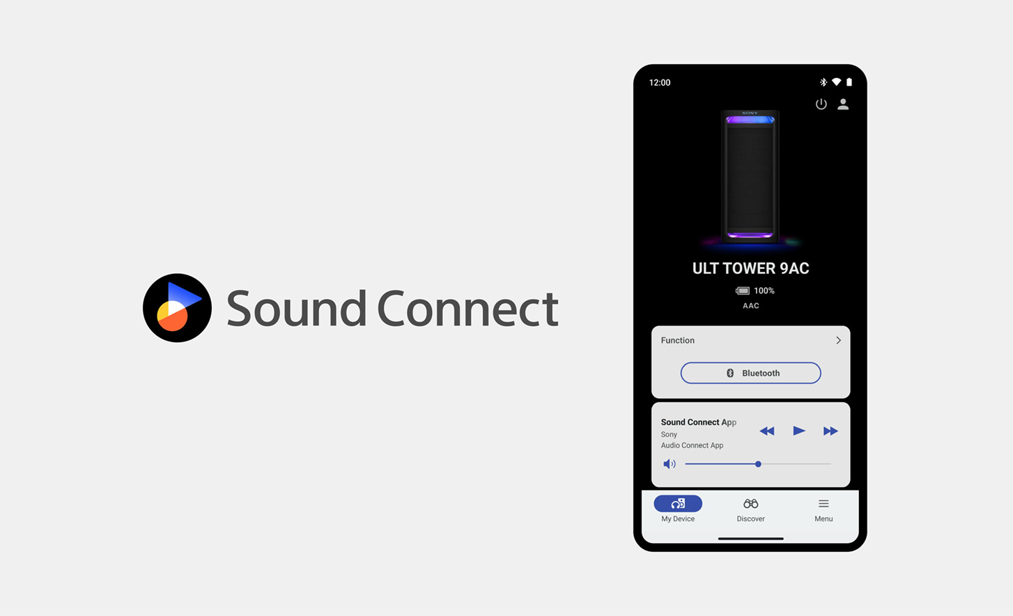 Sound Connect-logoet ved siden af et billede af en mobiltelefon med Sony Connect-appen åben og i brug kan ses på skærmen