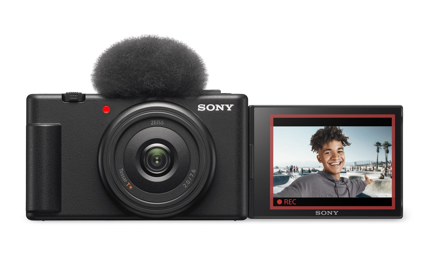 Billede af ZV-1F med vindskærm påsat og åben skærm