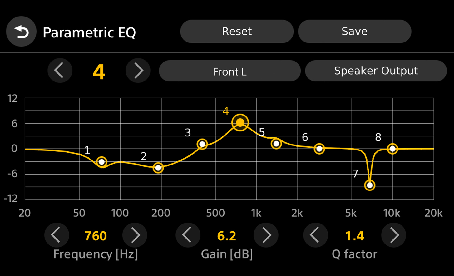 Eksempel på brugergrænseflade, der viser 8-bånds parametrisk EQ-funktion og tilgængelige valgmuligheder